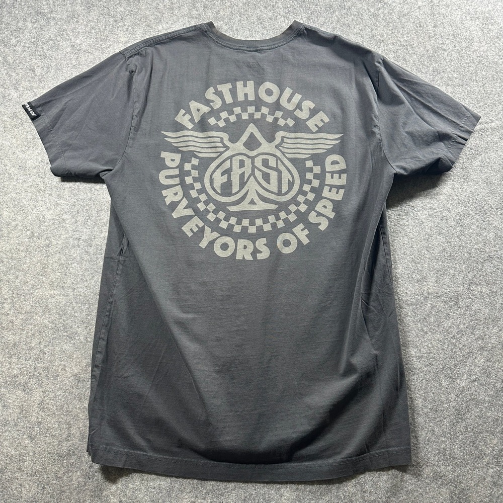 Fasthouse T-Shirt Mens Large Gray Purveyors of Speed Motocross Graphic Tee Flaws